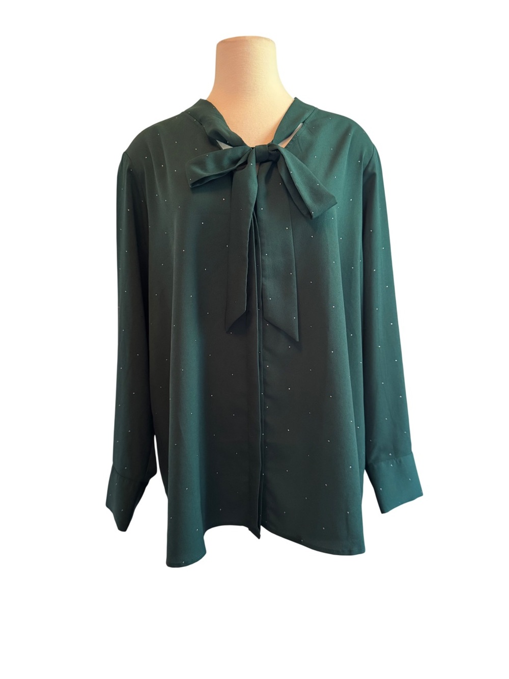 Lane Bryant Forest Green Tie-Neck Blouse with Subtle Dots
